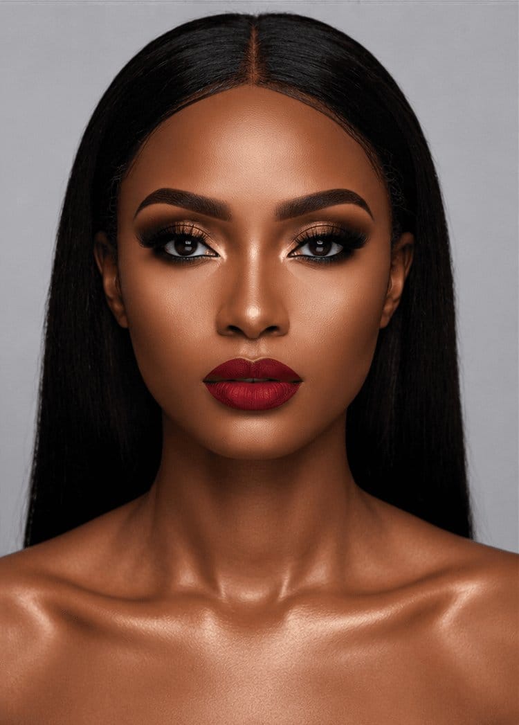 Full glam makeup transformation on deep skin tone with bronze smoky eyes and a bold berry lip by MZ Makeup