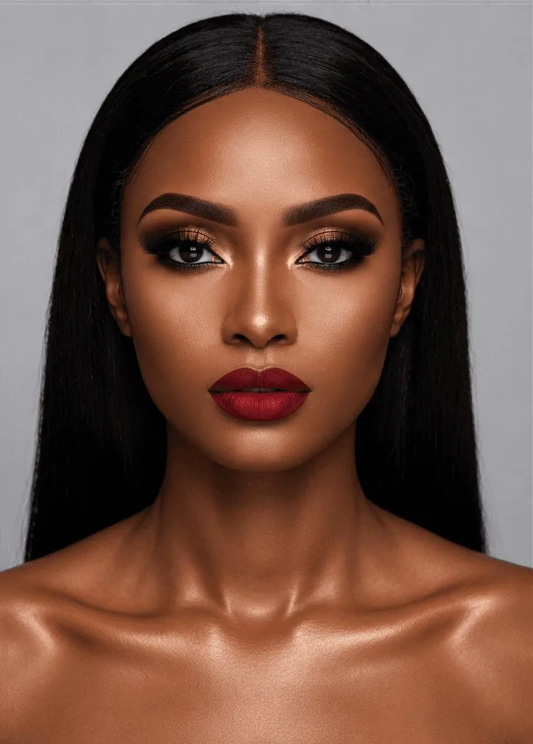Full glam makeup transformation on deep skin tone with bronze smoky eyes and a bold berry lip by MZ Makeup
