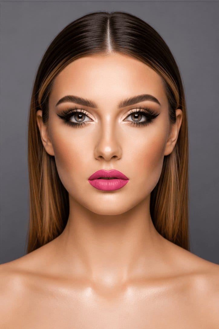 Full glam makeup transformation on fair skin tone with smoky bronze eyes and a bold pink lip by MZ Makeup