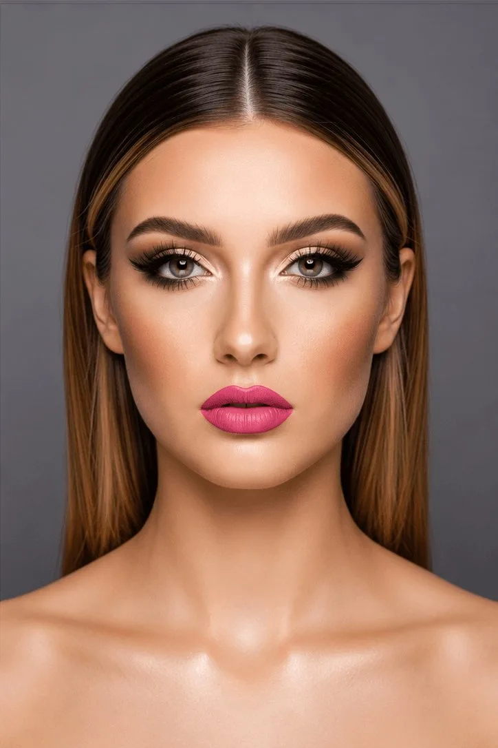Full glam makeup transformation on fair skin tone with smoky bronze eyes and a bold pink lip by MZ Makeup