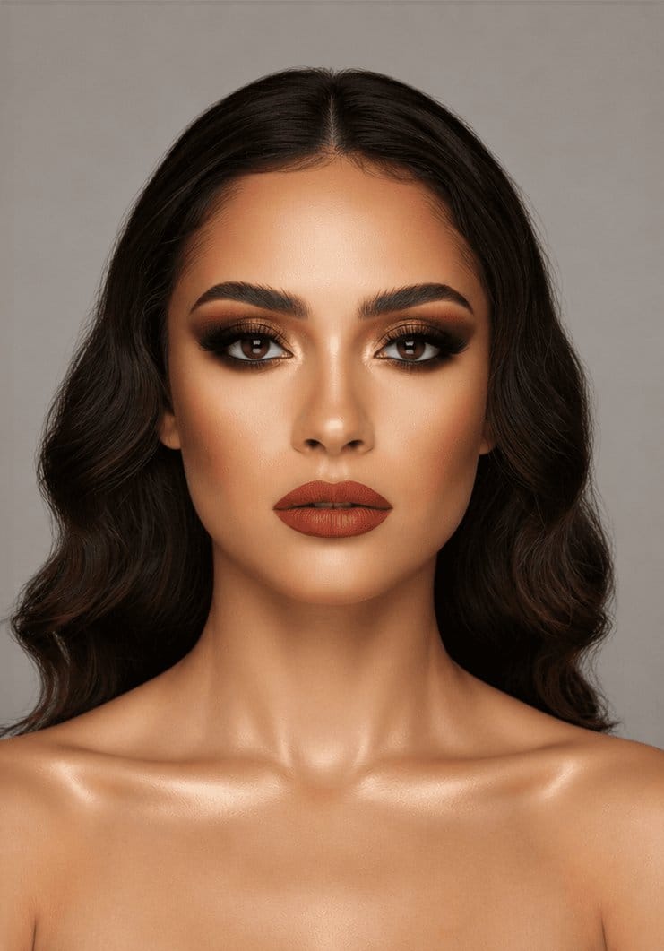 Full glam makeup transformation on medium skin tone with warm bronze eyes and a terracotta lip by MZ Makeup