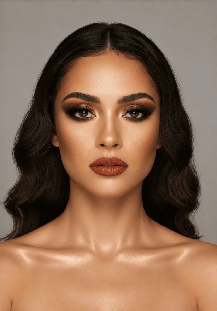 Full glam makeup transformation on medium skin tone with warm bronze eyes and a terracotta lip by MZ Makeup