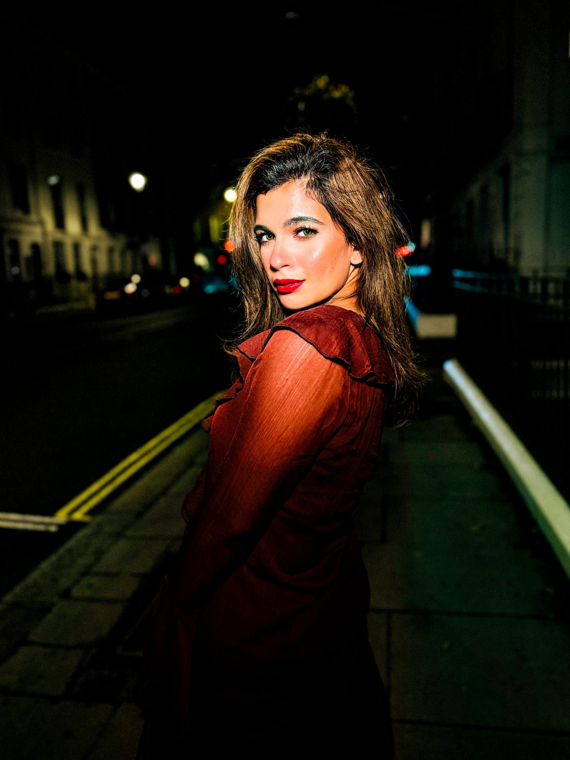 Bold red lip and bronze shimmer eye party glam makeup by MZ Makeup