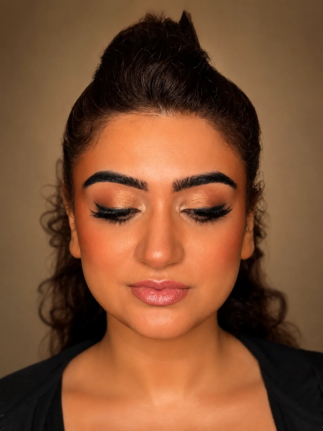 Copper Smoky Eye Party Makeup Close Up - MZ Makeup Bedfordshire Party makeup eyes closed - copper smoky eye and glossy rose lip by MZ Makeup