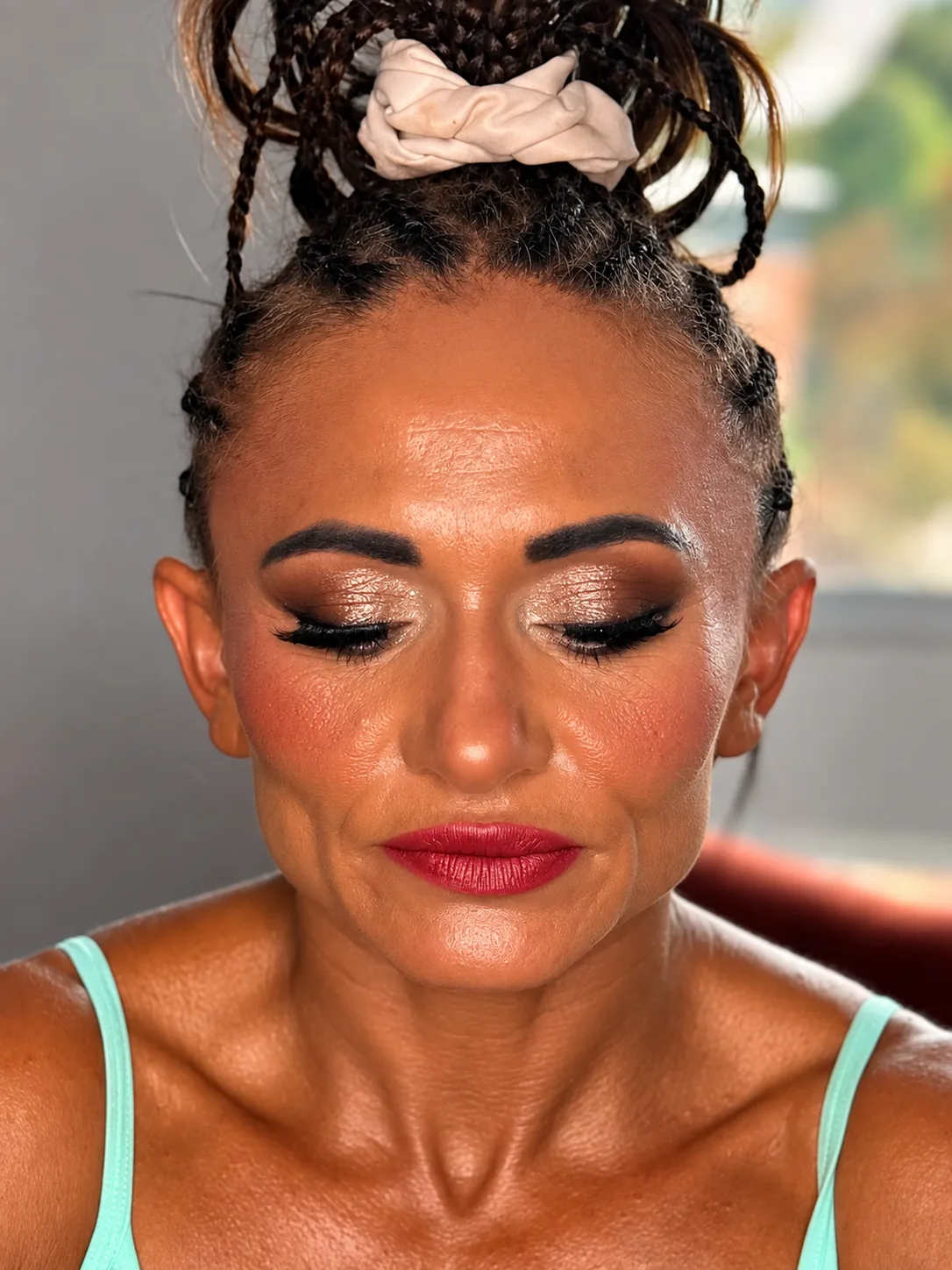 Bronze Smoky Eye Party Makeup Close Up - MZ Makeup Bedfordshire Party makeup eyes closed - bronze smoky eye and berry-red lip by MZ Makeup