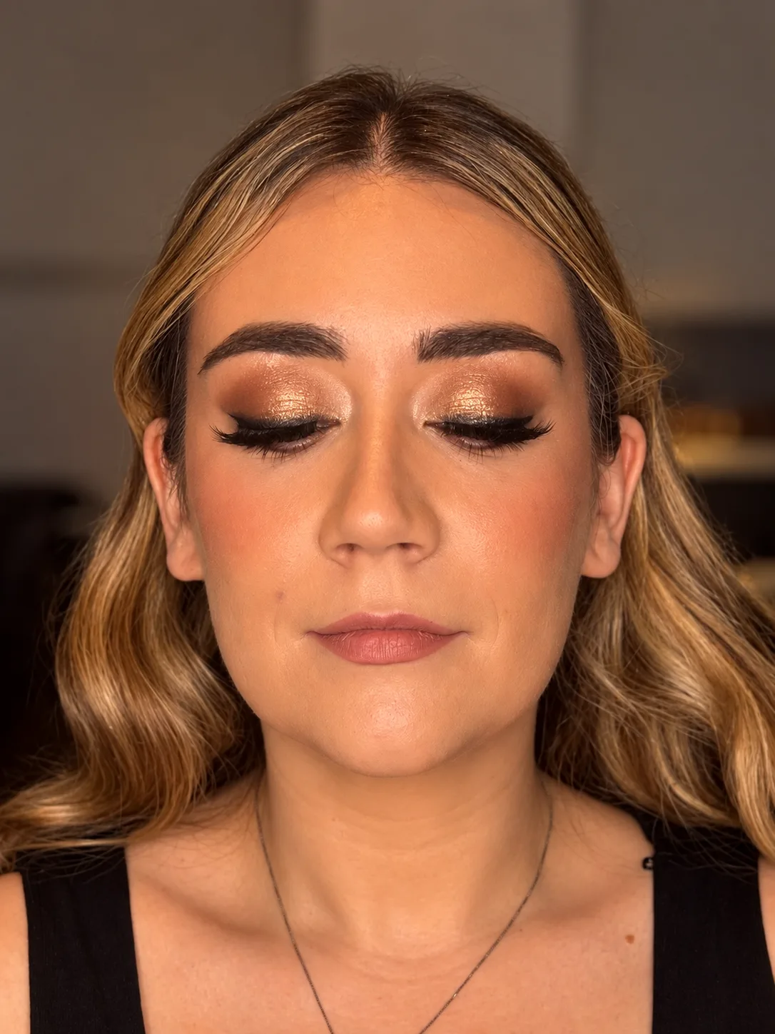 Rose Gold Champagne Eye Party Makeup Close Up - MZ Makeup Bedfordshire Party makeup eyes closed - rose-gold champagne eye and mauve-pink lip by MZ Makeup