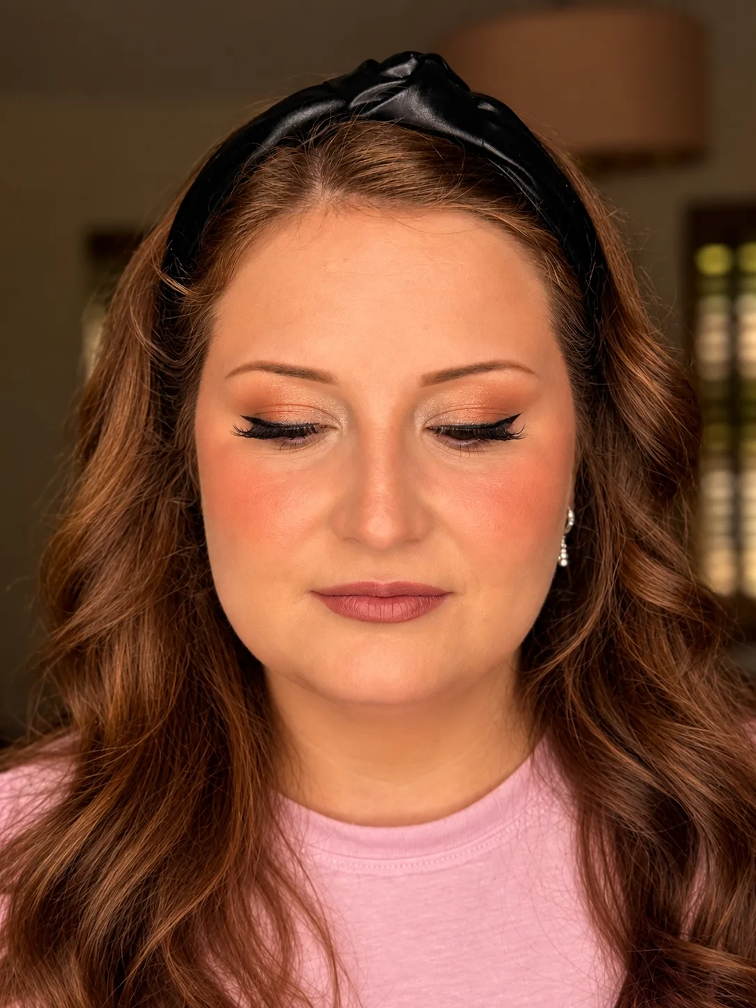 Champagne Gold Party Makeup Close Up - MZ Makeup Bedfordshire Party makeup eyes closed - champagne gold eye and dusty rose lip by MZ Makeup