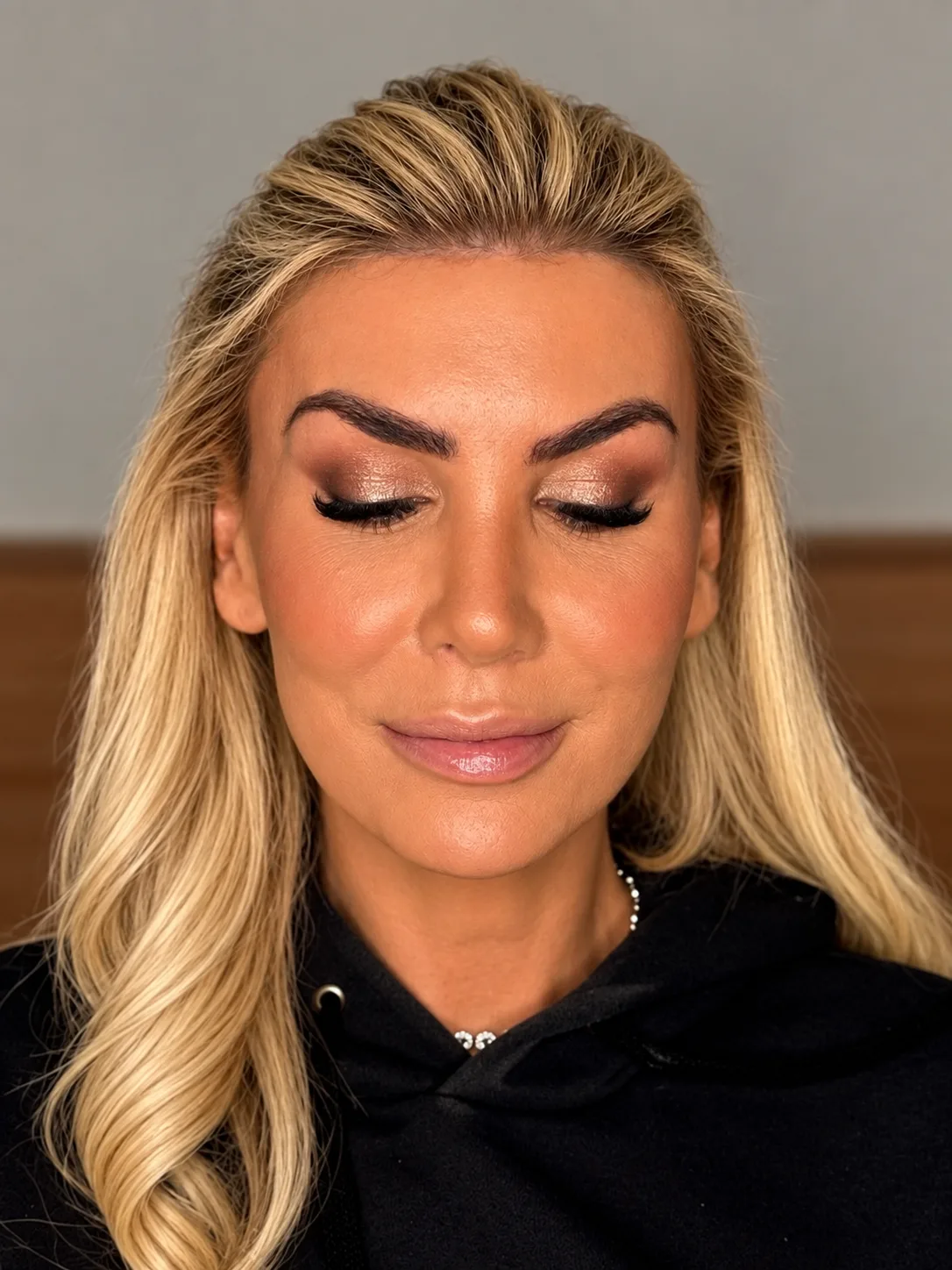 Soft Brown Taupe Eye Party Makeup Close Up - MZ Makeup Bedfordshire Party makeup eyes closed - soft brown taupe eye and glossy pink lip by MZ Makeup
