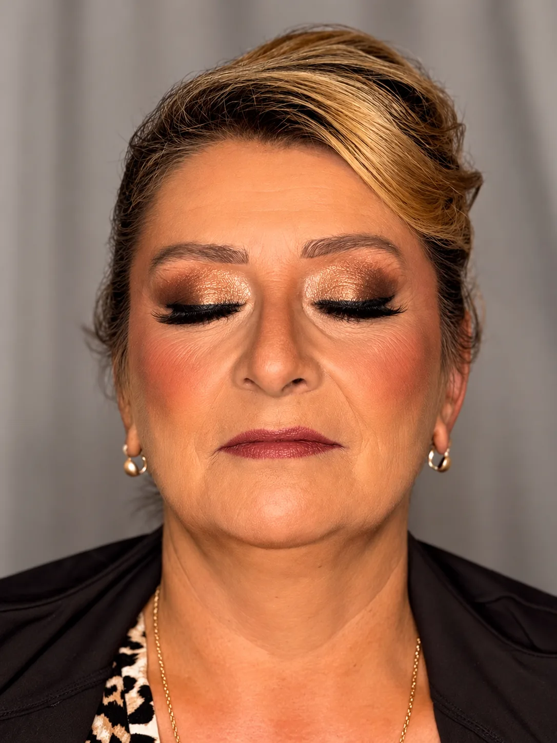 Copper Bronze Shimmer Eye Party Makeup Close Up - MZ Makeup Party makeup eyes closed - copper bronze shimmer eye and muted berry-rose lip by MZ Makeup