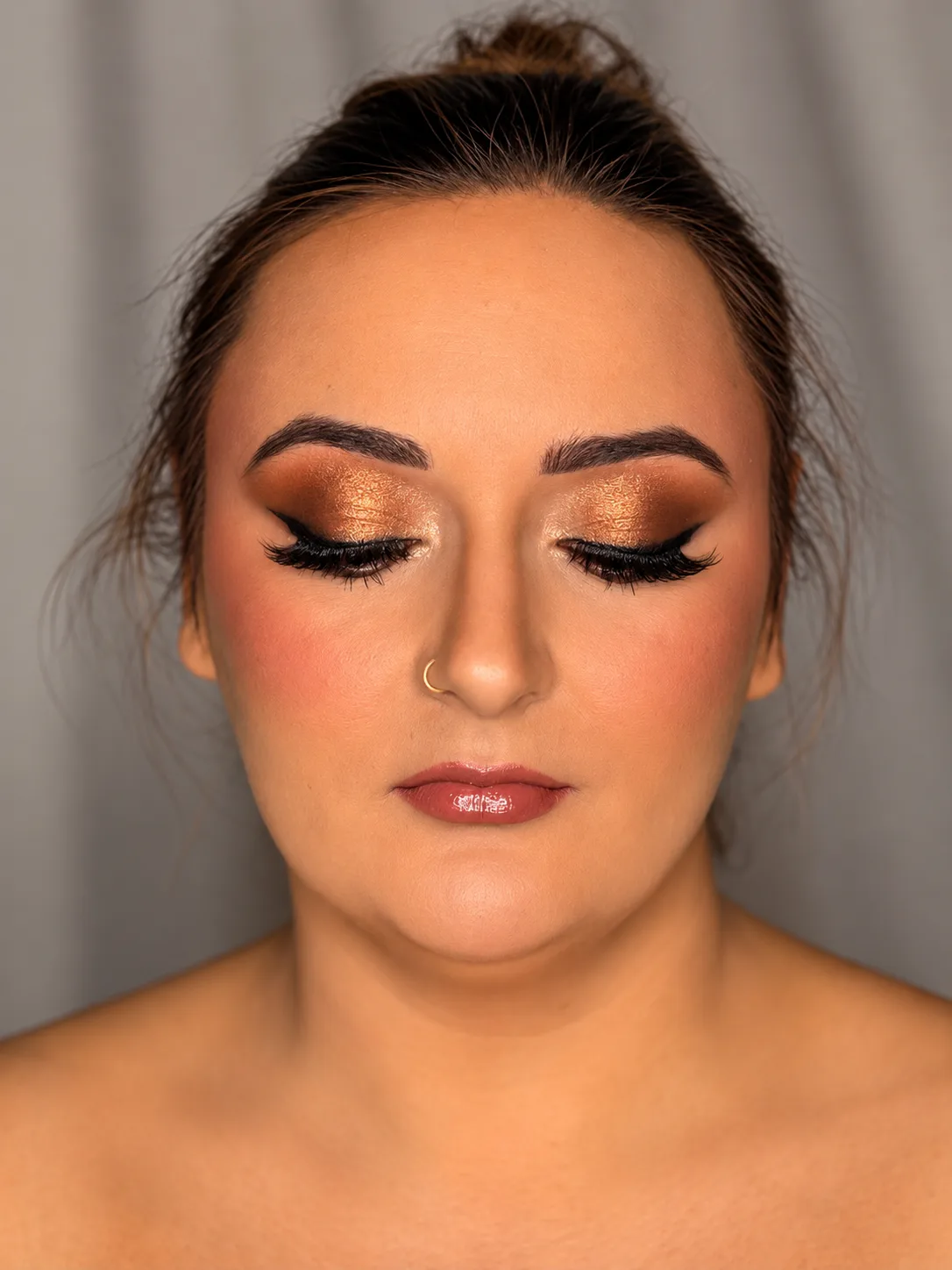 Metallic Copper Gold Eye Party Makeup Close Up - MZ Makeup Party makeup eyes closed - metallic copper gold eye and glossy rose-caramel lip by MZ Makeup